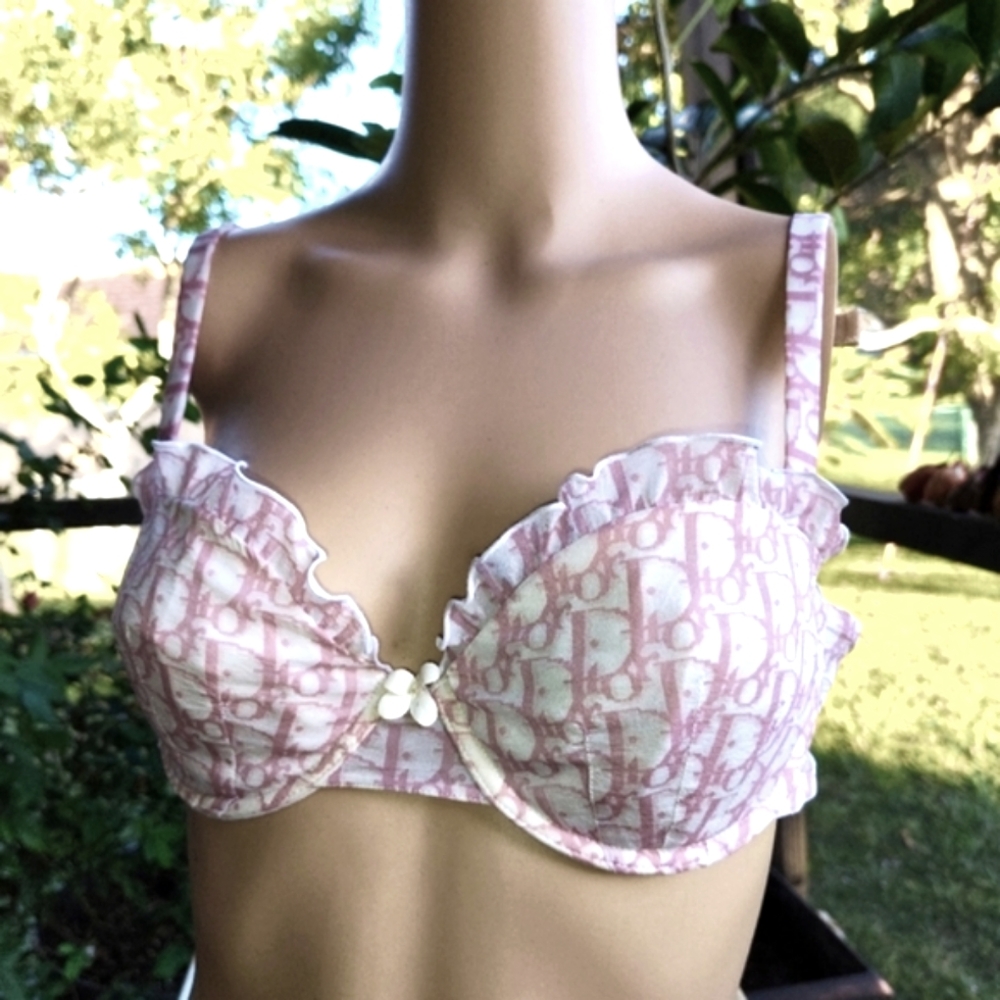 Christian Dior By John Galliano Pink Monogram Trotter Logo Sheer Silk Bra 36C